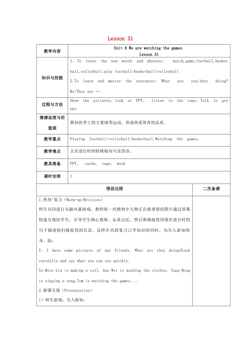 五年级英语下册 Unit 6 We’re watching the games Lesson 31教案 人教精通版（三起）-人教版小学五年级下册英语教案_第1页