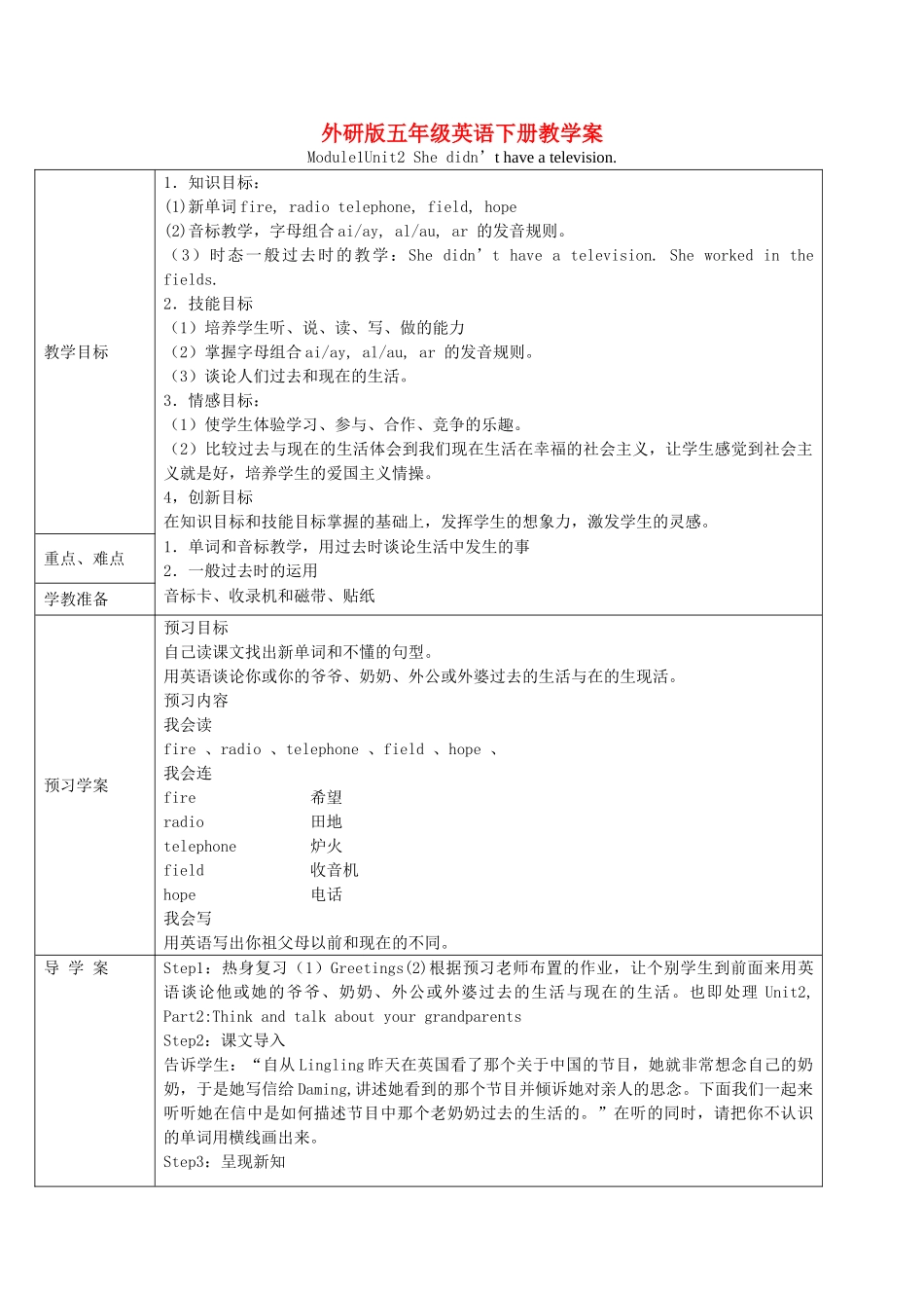 五年级英语下册 Module 1 Unit 2(2)教学案 外研版（三起）_第1页