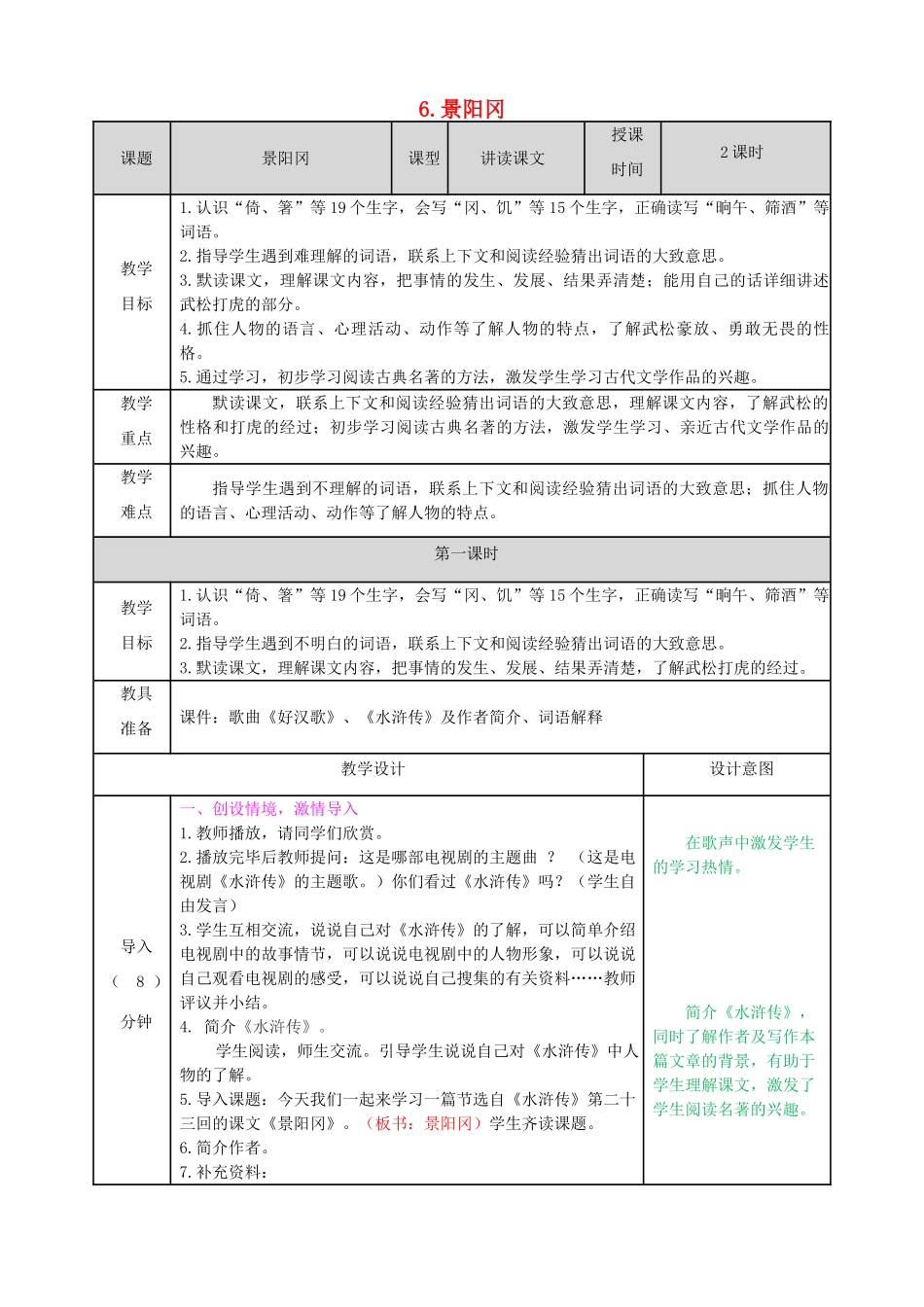 五年级语文下册 第二单元 6 景阳冈精品教案 新人教版-新人教版小学五年级下册语文教案_第1页
