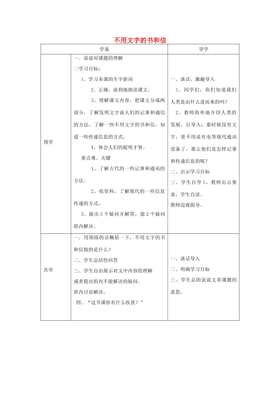 五年级语文上册《不用文字的书和信》导学案 语文A版-语文A版小学五年级上册语文学案_第1页
