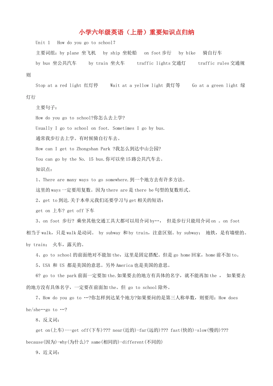 六年级英语上册 重要知识点归纳_第1页