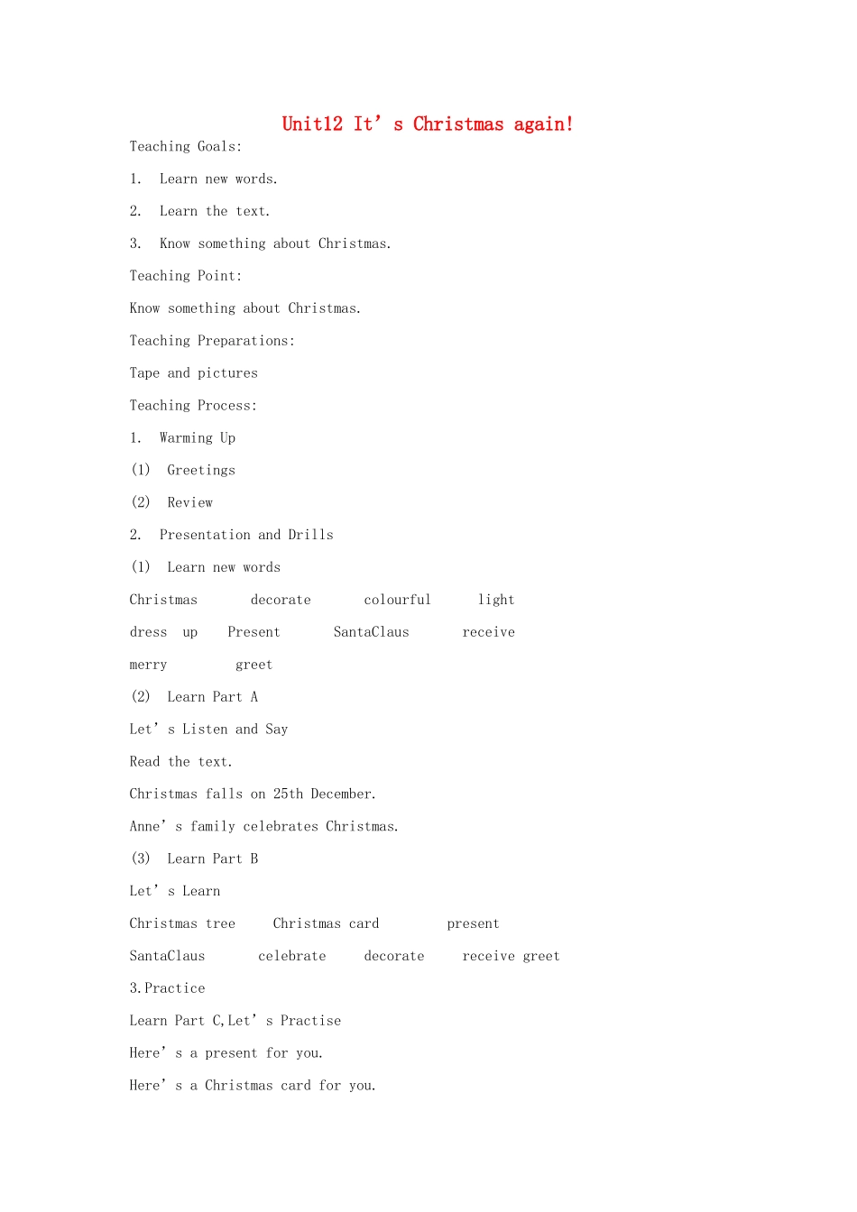 六年级英语上册 Unit 12 It’s Christmas again教案 湘少版-湘少版小学六年级上册英语教案_第1页