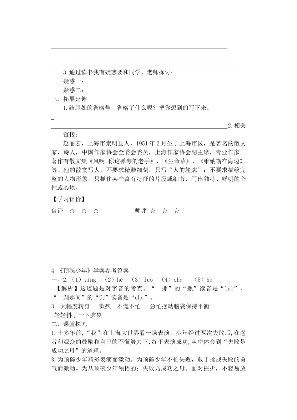 六年级语文下册 第一组 4《顶碗少年》学案 新人教版-新人教版小学六年级下册语文学案_第2页