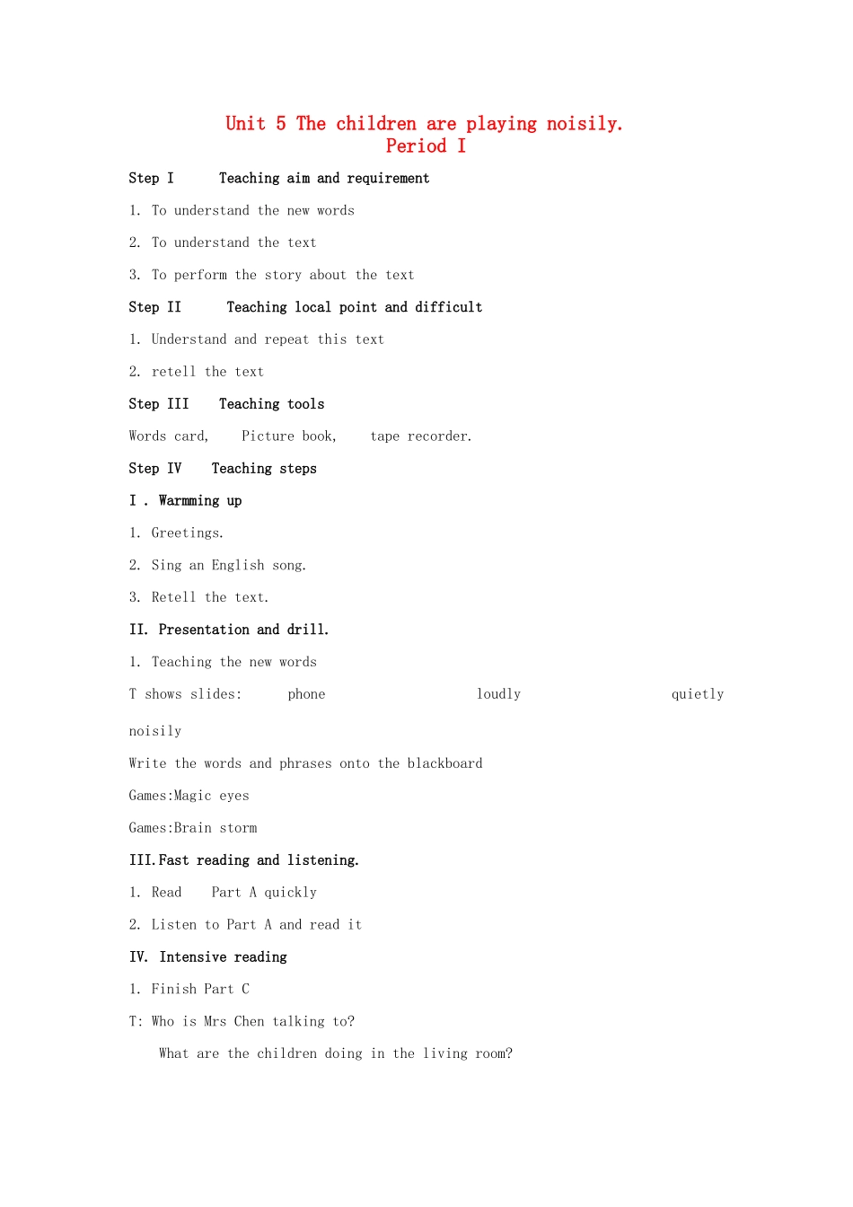 六年级英语上册 Unit 5 The children are playing noisily教案 湘少版-湘少版小学六年级上册英语教案_第1页