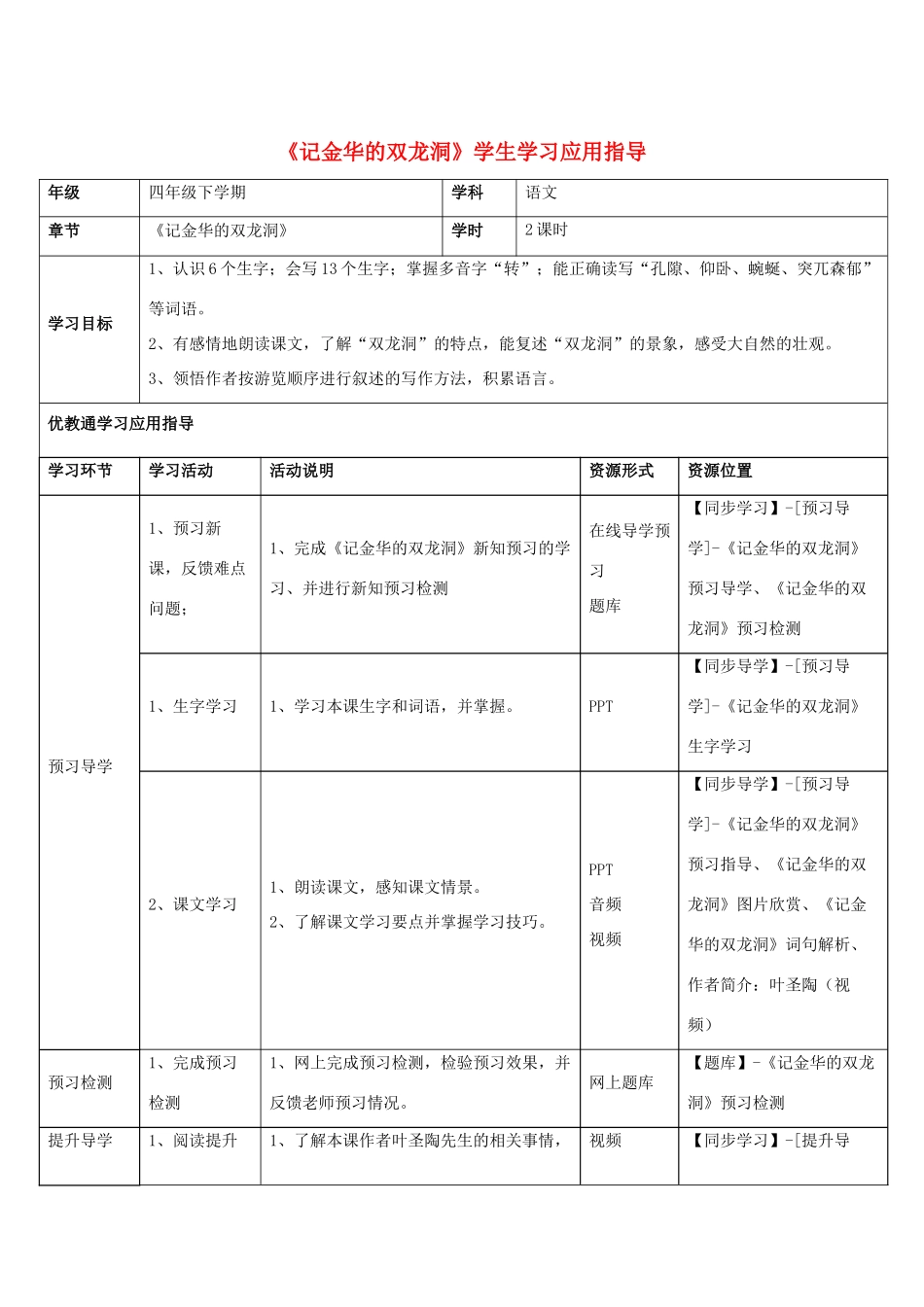 四年级语文下册 3《记金华的双龙洞》学生学习应用指导素材 新人教版-新人教版小学四年级下册语文素材_第1页