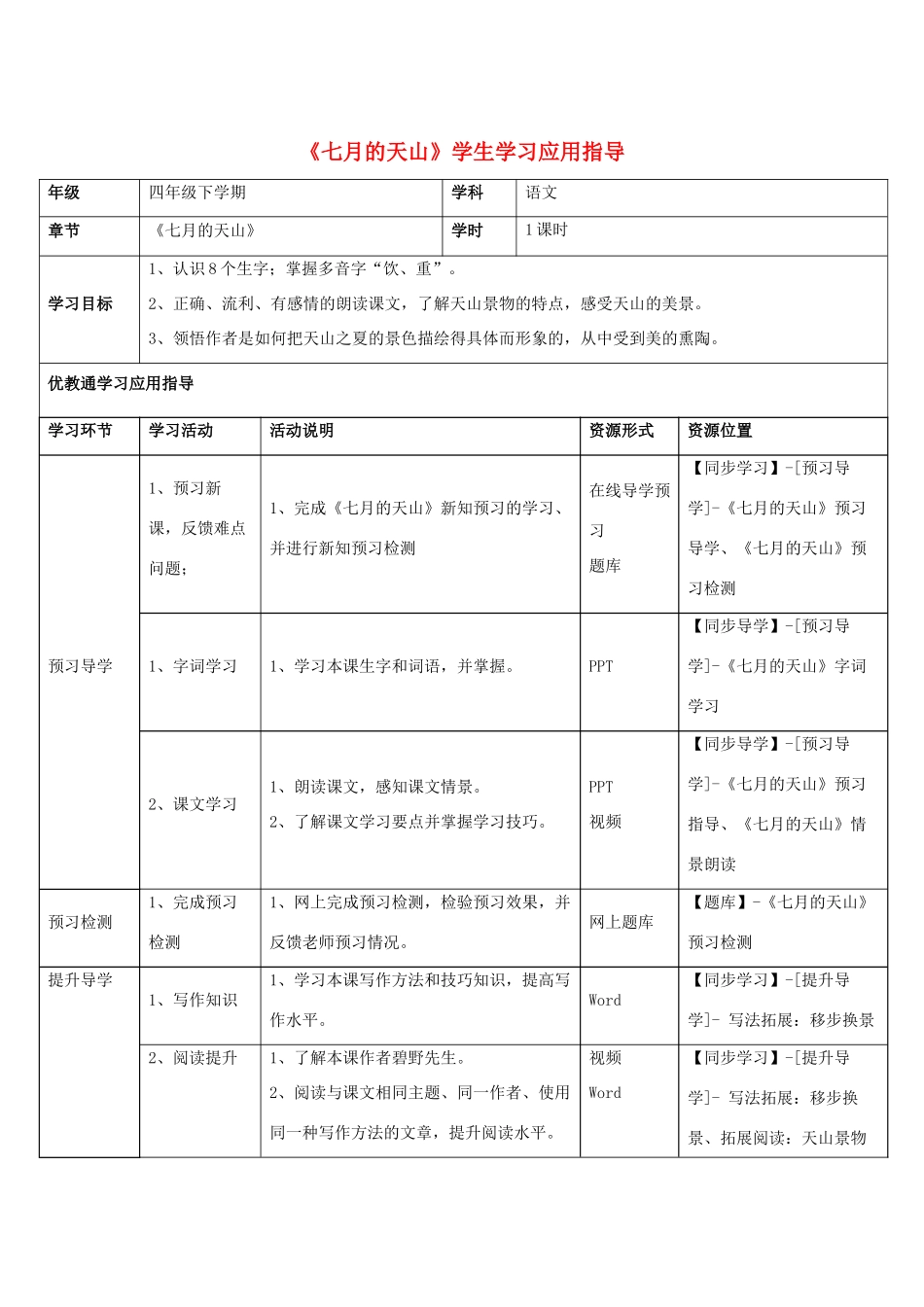 四年级语文下册 4《七月的天山》学生学习应用指导素材 新人教版-新人教版小学四年级下册语文素材_第1页