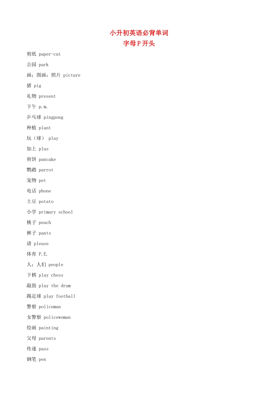 小升初英语必背单词（字母P开头）_第1页