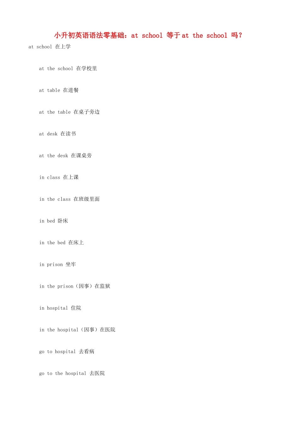 小升初英语语法零基础 at school 等于at the school 吗？_第1页