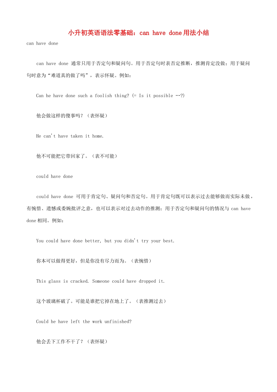 小升初英语语法零基础 can have done用法小结_第1页