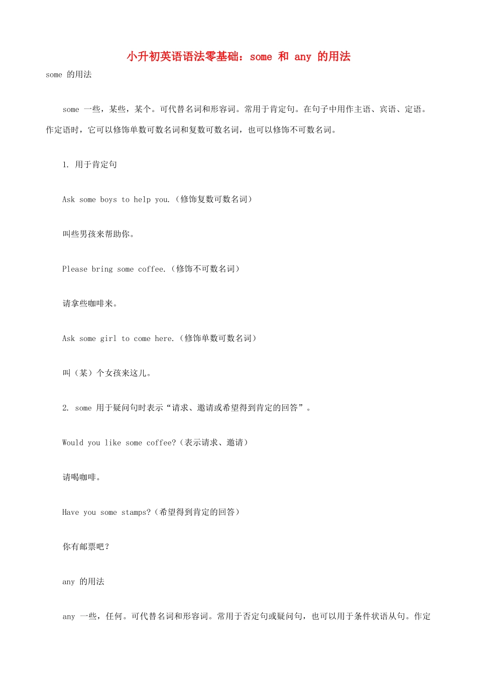 小升初英语语法零基础 some 和 any 的用法_第1页