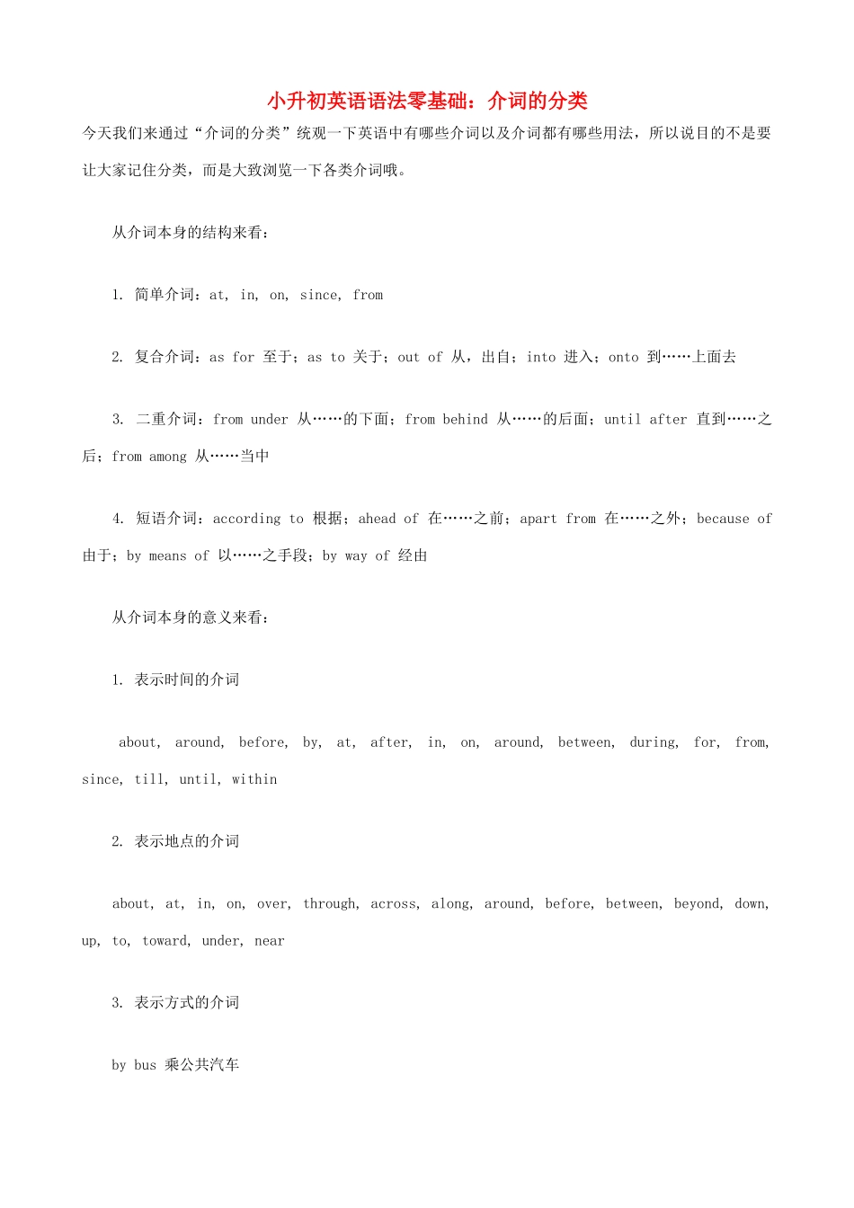 小升初英语语法零基础 介词的分类_第1页