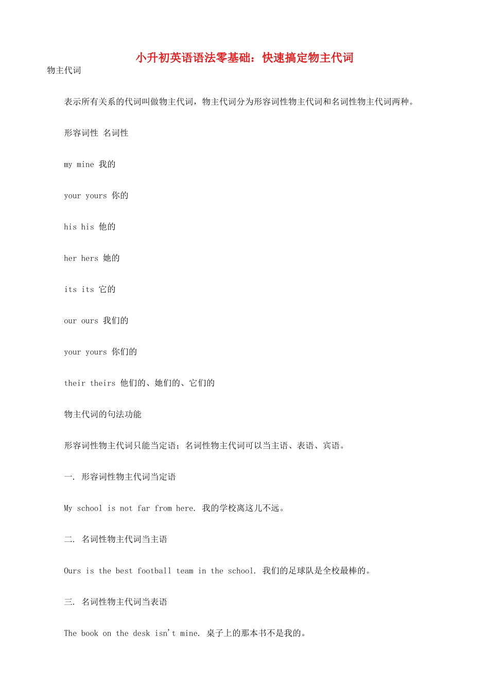 小升初英语语法零基础 快速搞定物主代词_第1页