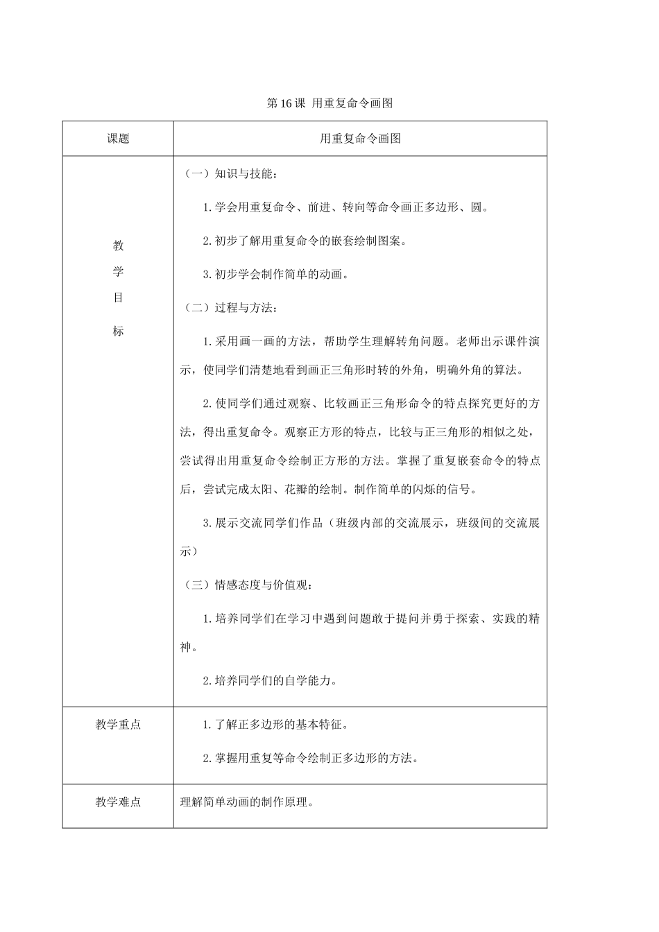 小学信息技术第三册 第16课用重复命令画图（第3课时）教案 北京版_第1页