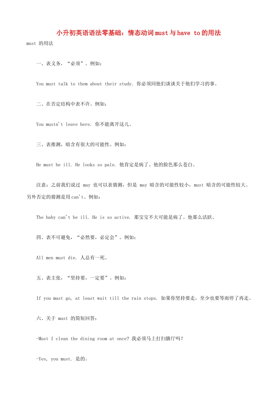 小升初英语语法零基础 情态动词must与have to的用法_第1页