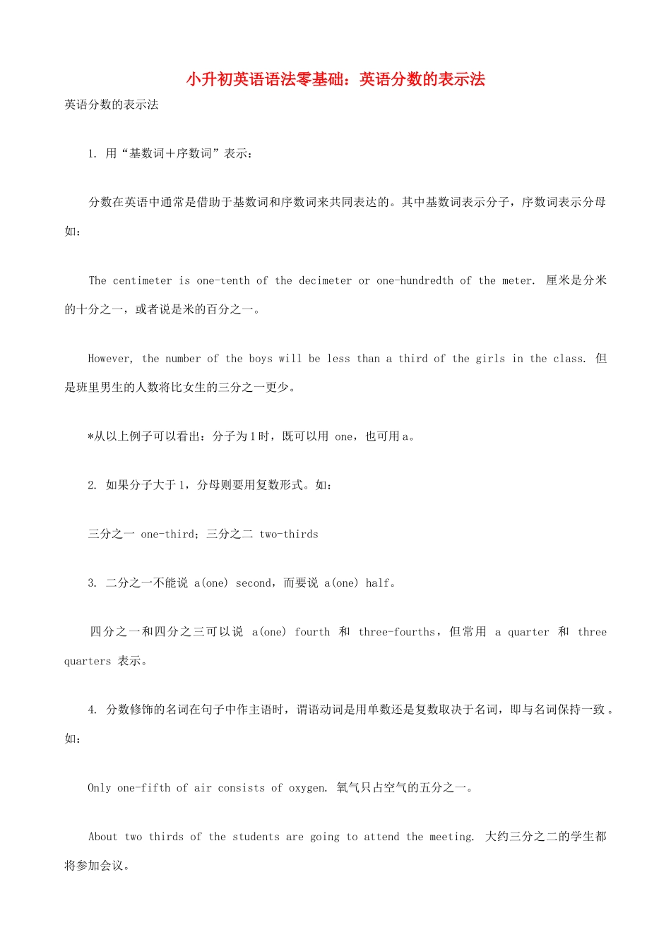 小升初英语语法零基础 英语分数的表示法_第1页