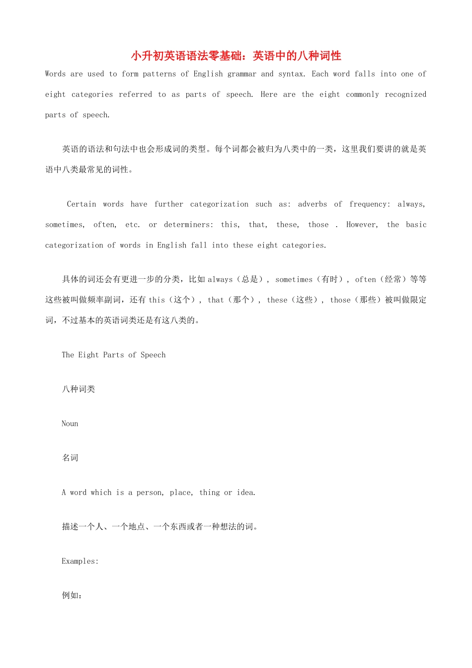 小升初英语语法零基础 英语中的八种词性_第1页