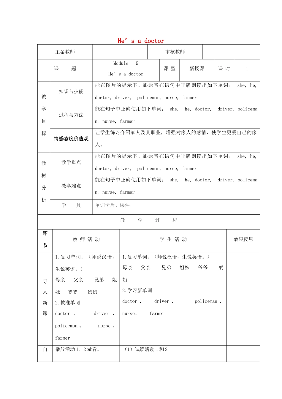 学年三年级英语上册 Module 9 Unit 2 He’s a doctor导学案 外研版（三起）-外研版小学三年级上册英语学案_第1页