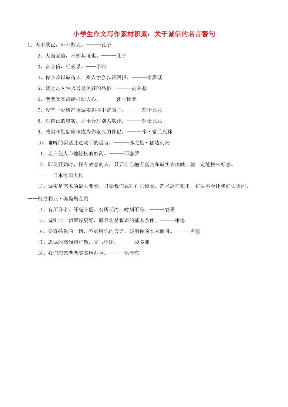 小学语文 作文写作素材积累 关于诚信的名言警句_第1页