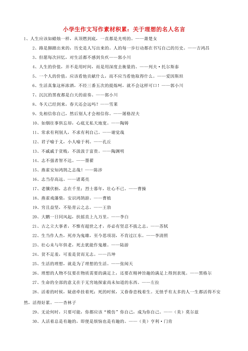 小学语文 作文写作素材积累 关于理想的名人名言_第1页