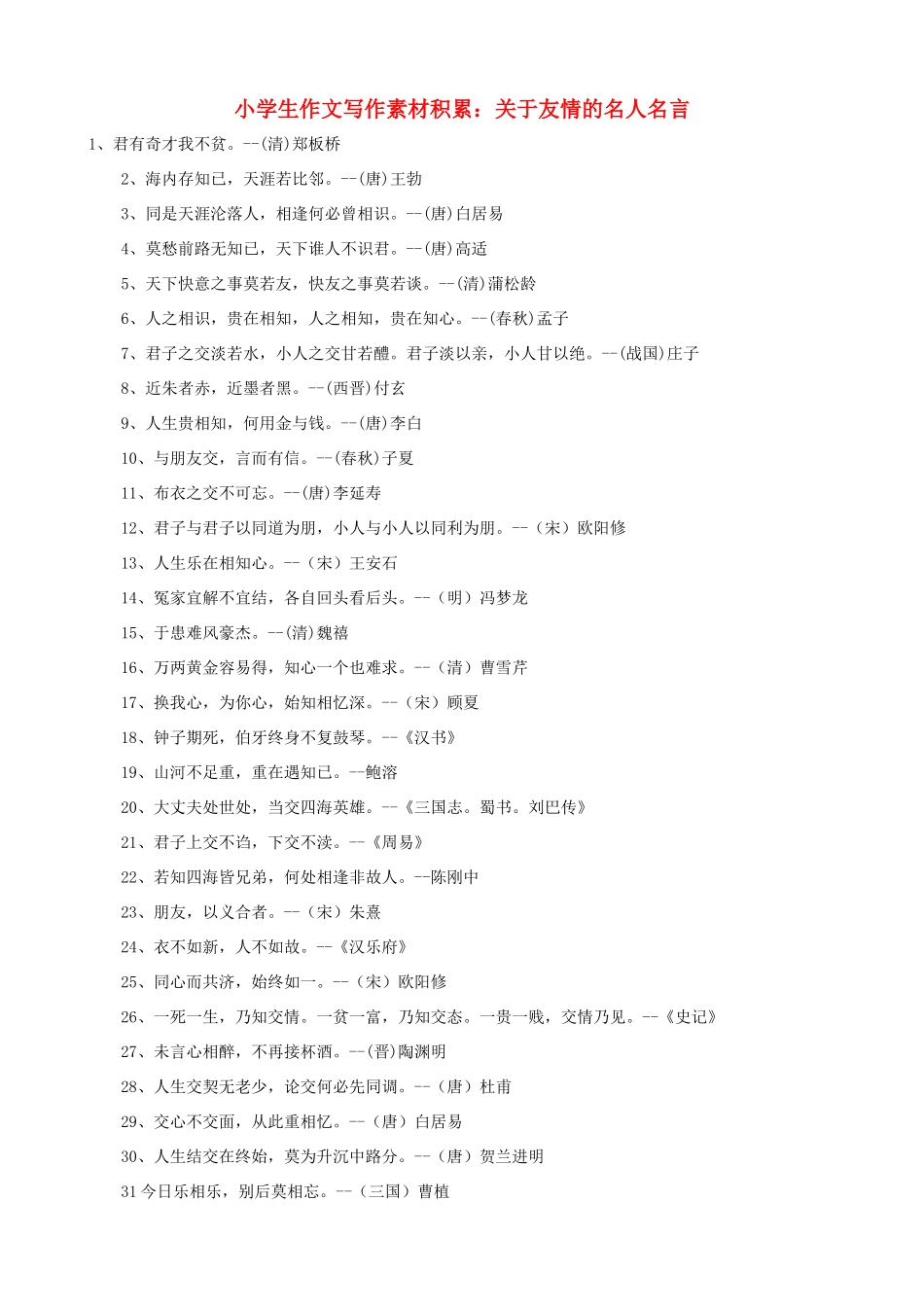 小学语文 作文写作素材积累 关于友情的名人名言_第1页