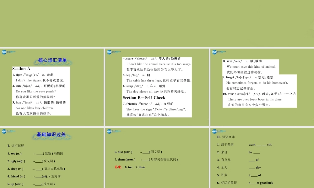 【金榜学案】2014版六年级英语下册 Unit 7 Why do you like pandas单元复习课件 鲁教版五四制