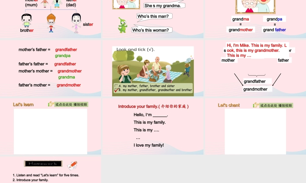 2020春三年级英语下册 Unit 2 My family B Let's learn Let's chant课件+素材 人教PEP版