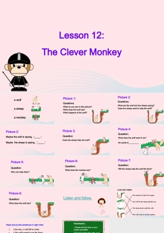 2020春三年级英语下册 Unit 2 Animals at the Zoo Lesson 12 The Clever Monkey课件+素材 冀教版（三起）
