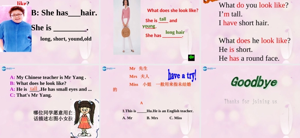 2014秋五年级英语上册 Unit 1 What does she look like课件1 湘少版