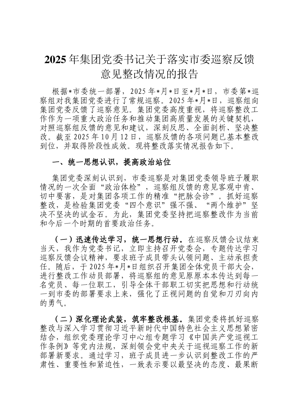 2025年集团党委书记关于落实市委巡察反馈意见整改情况的报告_第1页
