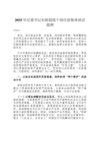 2025年纪委书记对新提拔干部任前集体谈话提纲
