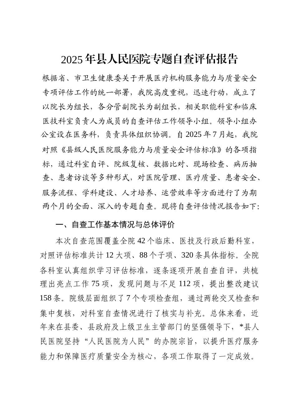 2025年县人民医院专题自查评估报告_第1页