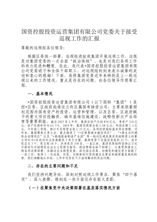 国资控股投资运营集团有限公司党委关于接受巡视工作的汇报