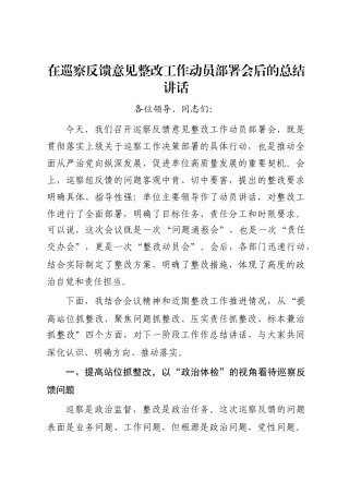 在巡察反馈意见整改工作动员部署会后的总结讲话
