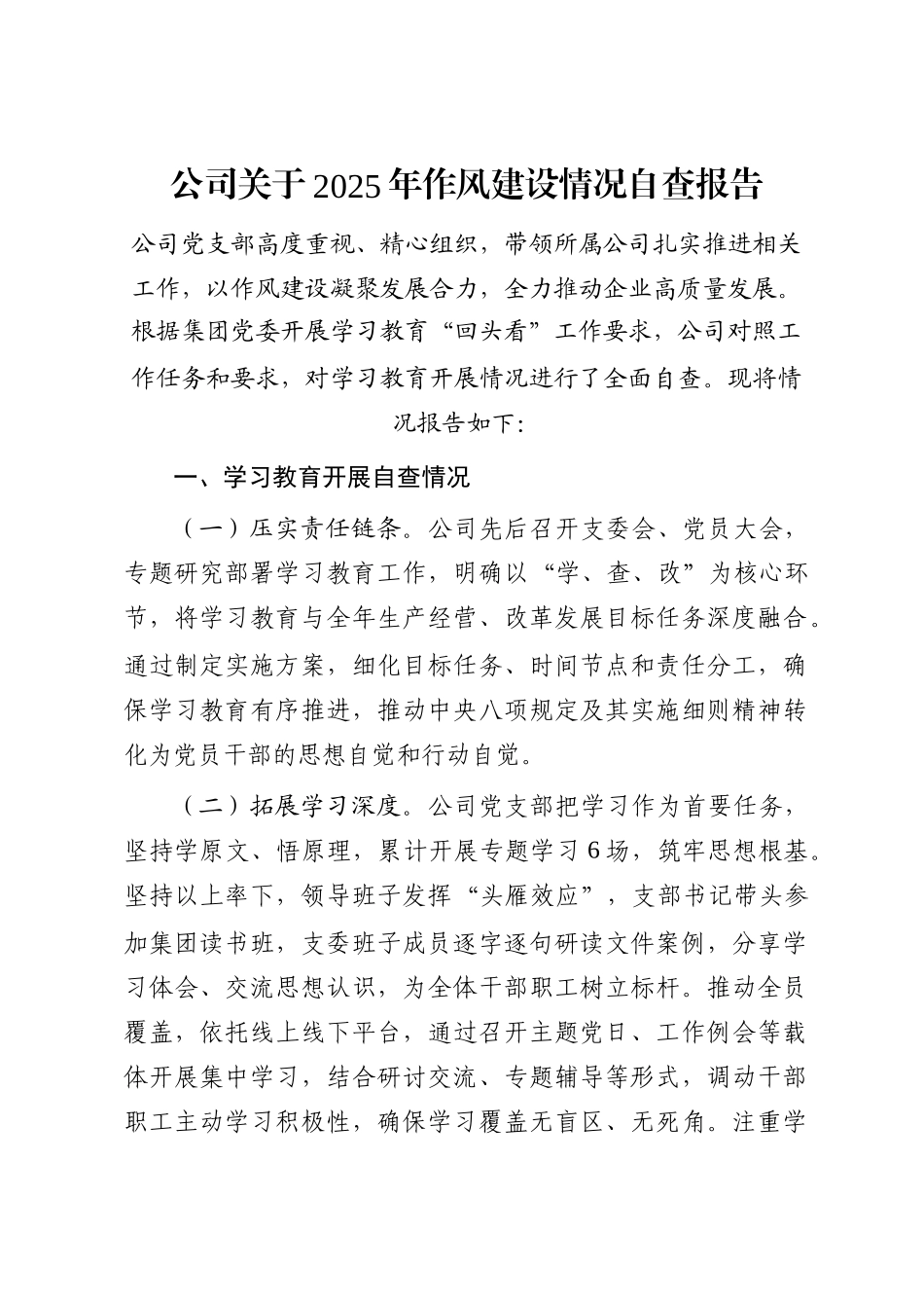 公司关于2025年作风建设情况自查报告_第1页