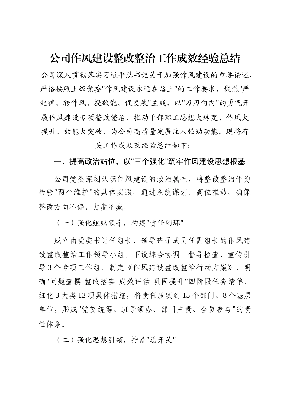 公司作风建设整改整治工作成效经验总结_第1页