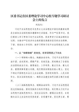 区委书记在区委理论学习中心组专题学习研讨会上的发言