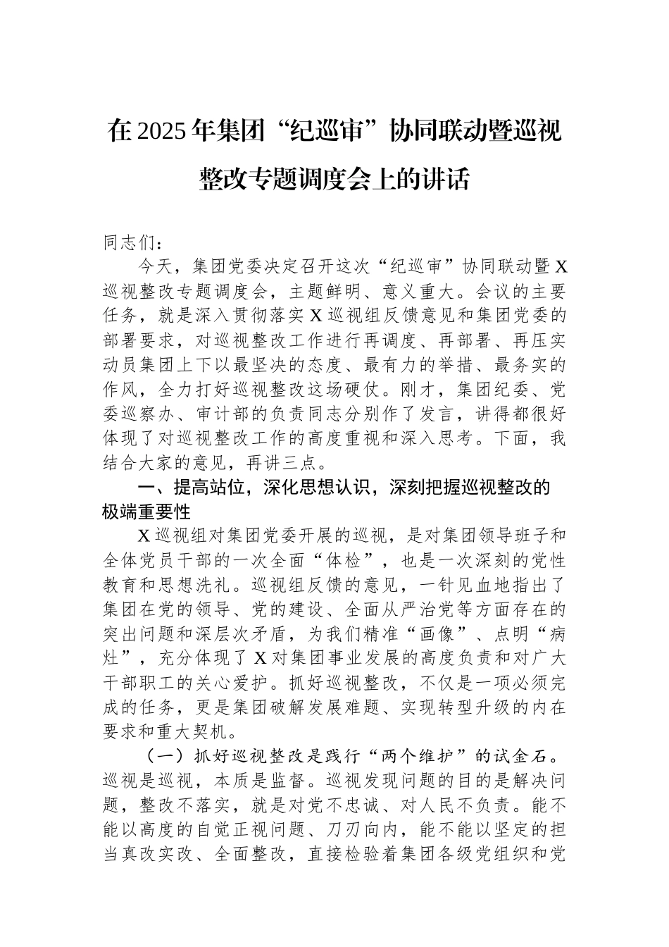 在2025年集团“纪巡审”协同联动暨巡视整改专题调度会上的讲话_第1页