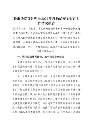 县市场监督管理局2025年度药品安全监管工作情况报告