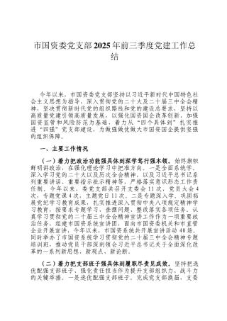 市国资委党支部2025年前三季度党建工作总结