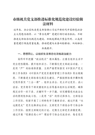 市级机关党支部推进标准化规范化建设经验做法材料