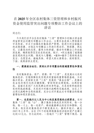 在2025年全区农村集体三资管理和乡村振兴资金使用监管突出问题专项整治工作会议上的讲话