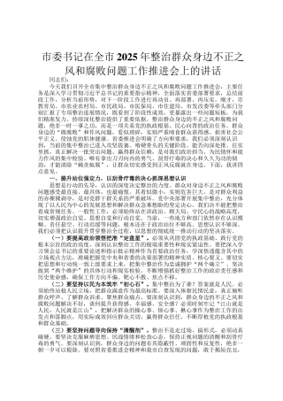 市委书记在全市2025年整治群众身边不正之风和腐败问题工作推进会上的讲话
