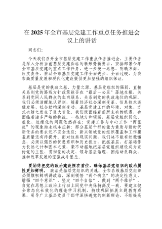 在2025年全市基层党建工作重点任务推进会议上的讲话