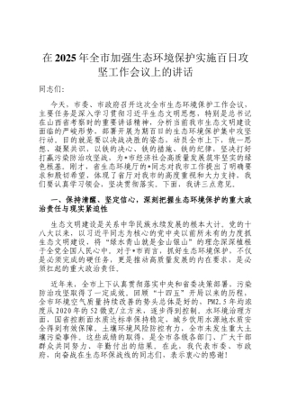 在2025年全市加强生态环境保护实施百日攻坚工作会议上的讲话