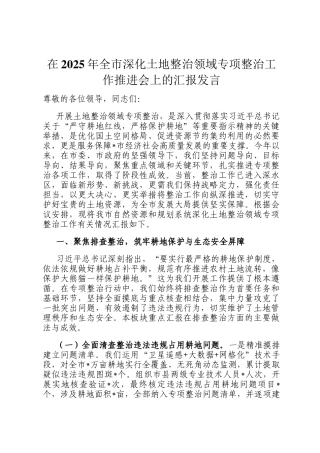 在2025年全市深化土地整治领域专项整治工作推进会上的汇报发言