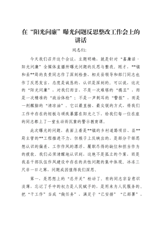 在“阳光问廉”曝光问题反思整改工作会上的讲话