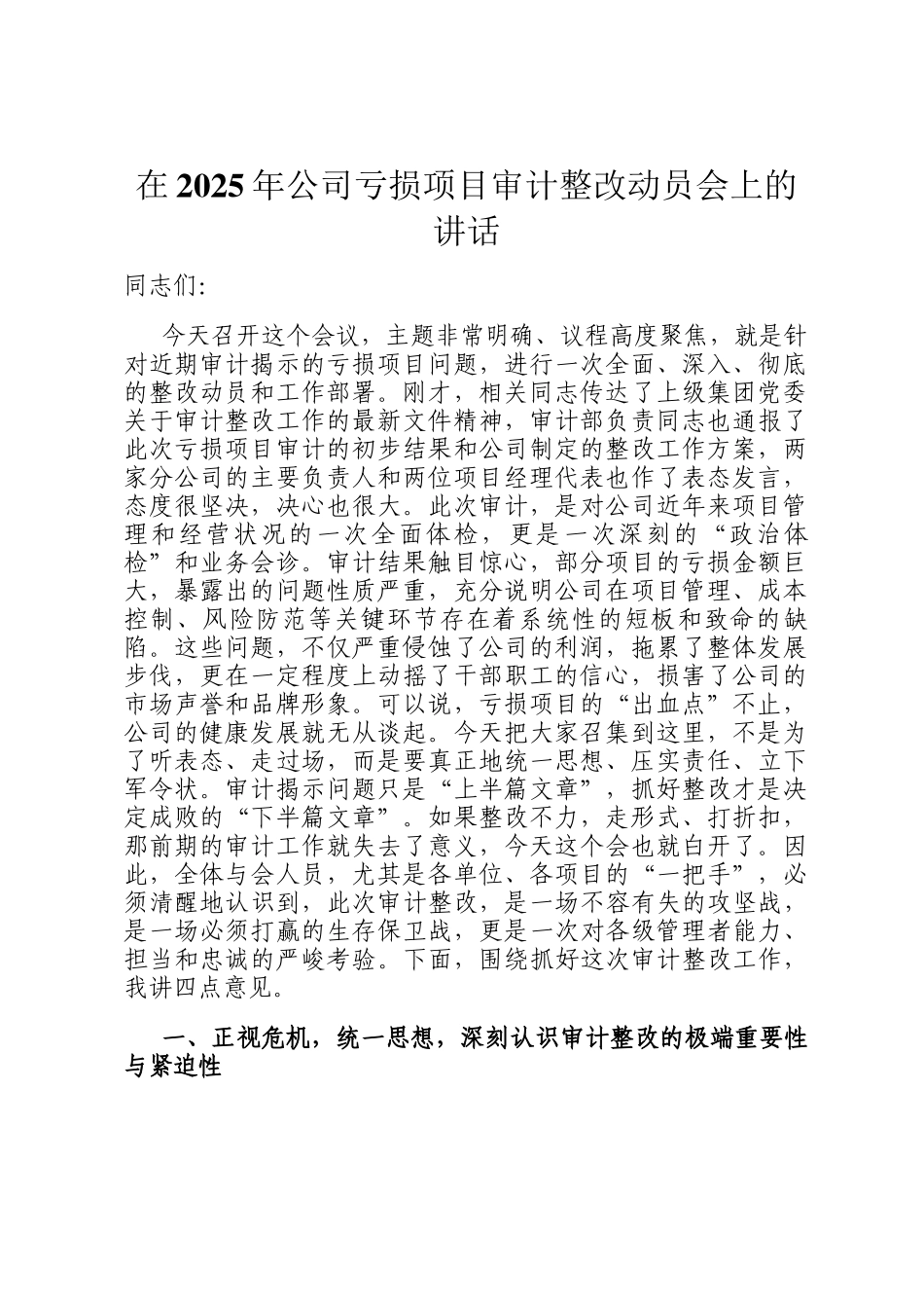 在2025年公司亏损项目审计整改动员会上的讲话_第1页