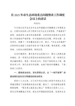 在2025年市生态环境重点问题整改工作调度会议上的讲话