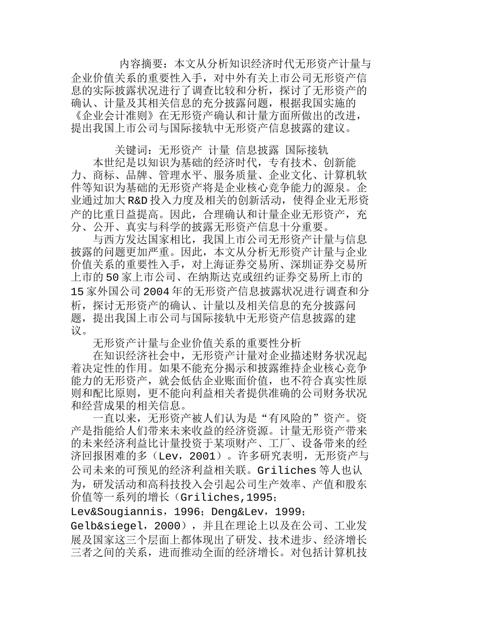 上市公司无形资产计量及其信息披露的思考分析研究  财务管理专业_第1页