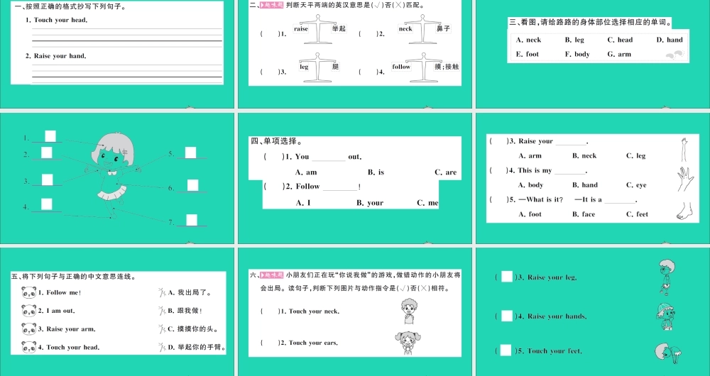 三年级英语上册 Unit 10 Touch your head第一课时作业课件 湘少版（三起）-湘少版小学三年级上册英语课件